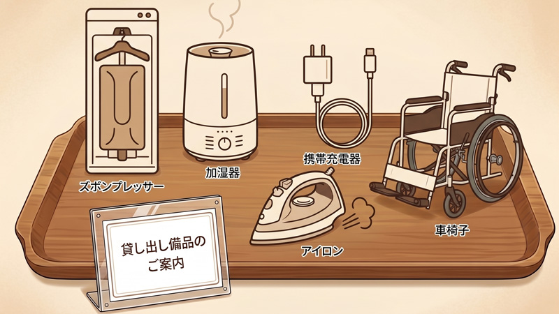 本荘グランドホテル フロントで貸し出しているズボンプレッサー・加湿器・携帯充電器・アイロン・車椅子のイラスト案内画像