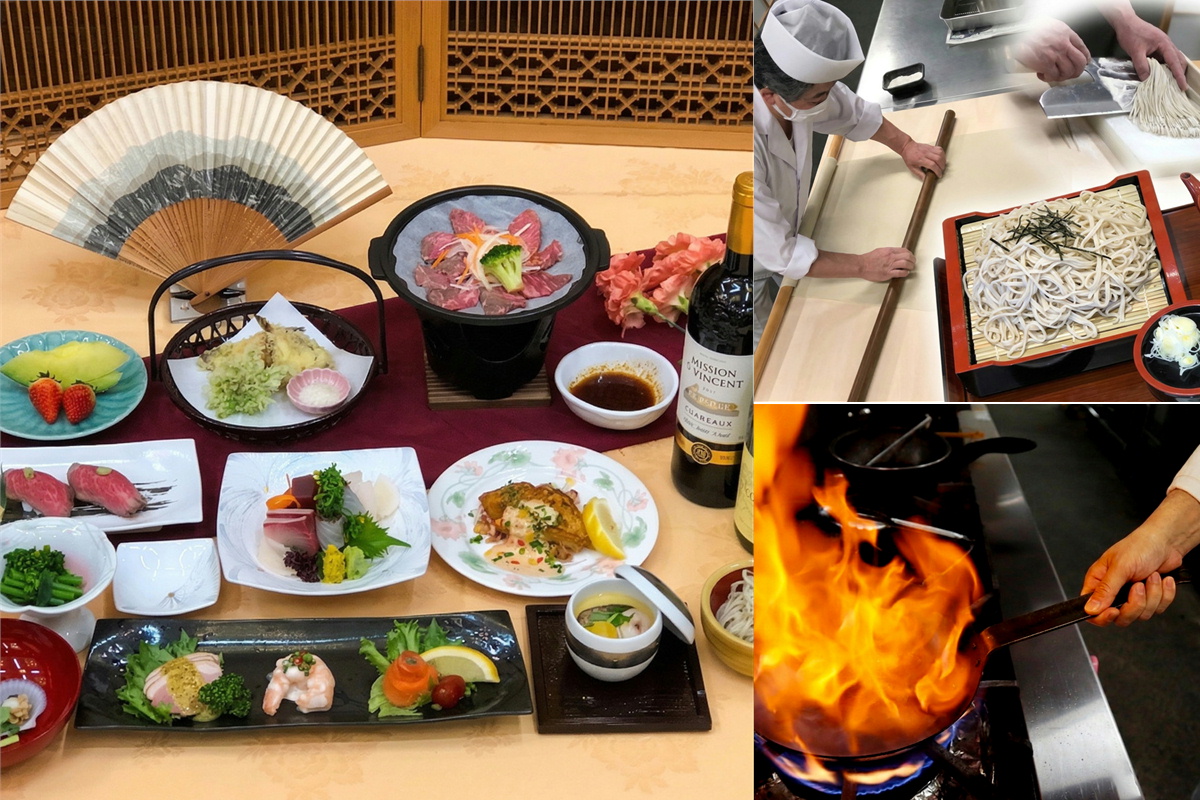 本荘グランドホテル：旬の食材を使った会席料理や職人の手打ち蕎麦、ダイナミックな調理が自慢のレストラン「つばき」